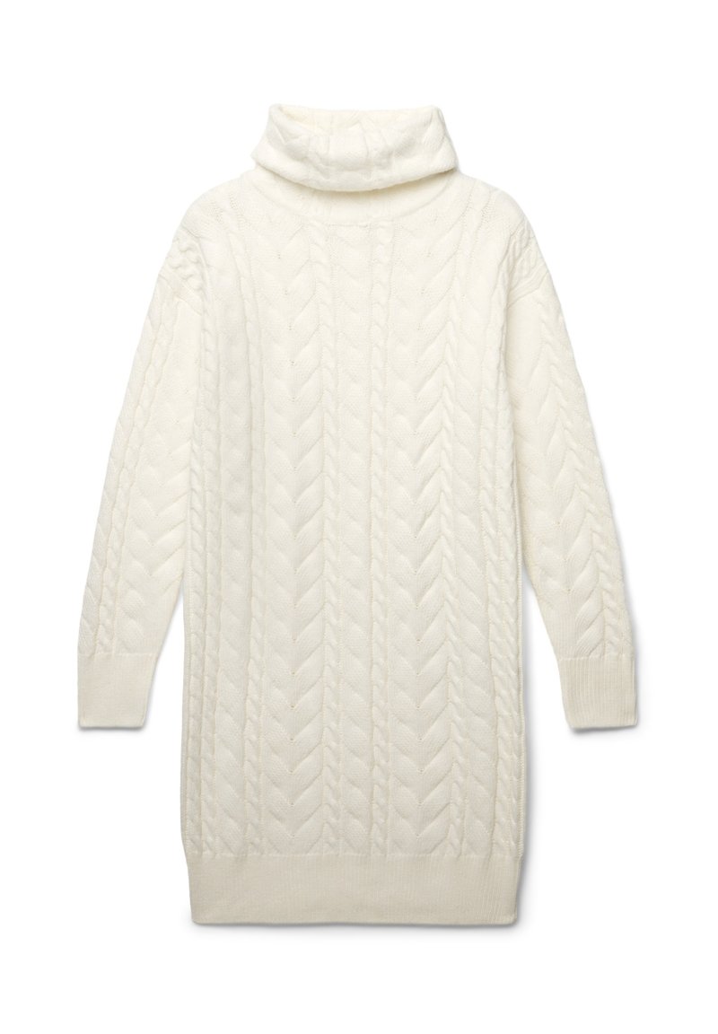 Abito maglione bianco a collo alto, con un motivo a treccia testurizzato e maniche lunghe, rifinito con polsini a coste.
