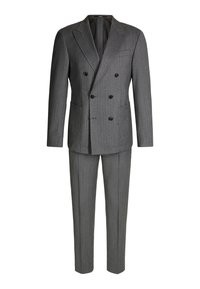 Abito grigio a righe verticali, doppiopetto, con rever a punta, due tasche frontali e pantaloni su misura, realizzato in un tessuto misto lana testurizzato.