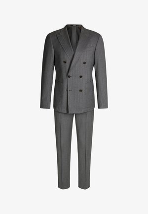 Grijze pinstripe dubbelzijdige blazer met gesneden revers, twee voorzakken en op maat gemaakte broek, gemaakt van een textuurmix van wol.