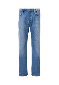 Niebieskie dżinsy o prostym kroju, z lekkim przetarciem, klasycznym pięciopocketowym fasonie oraz z zapięciem na guzik w talii.