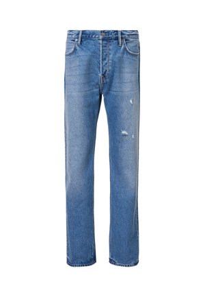 Blauwe denim jeans met een recht model, voorzien van een lichte slijtages, een klassieke vijf-vakken ontwerp en een knoopsluiting in de taille.