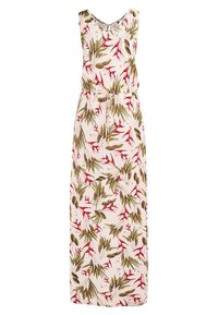 Robe longue sans manches avec base rose, motif floral de feuilles vertes et rouges, encolure en V et taille coulissée.