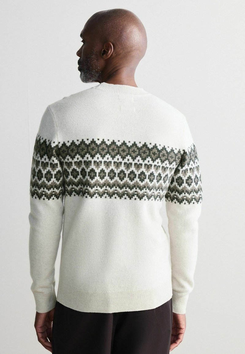 Hellgrauer Pullover mit einem dunkelgrünen geometrischen Muster über der Brust. Gerippte Bündchen und Saum. Weiche Textur, taillierte Passform.