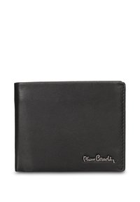 Portafoglio nero in pelle con texture liscia, design a doppia piega e bordi cuciti. Presenta un logo argentato nell'angolo in basso a destra.