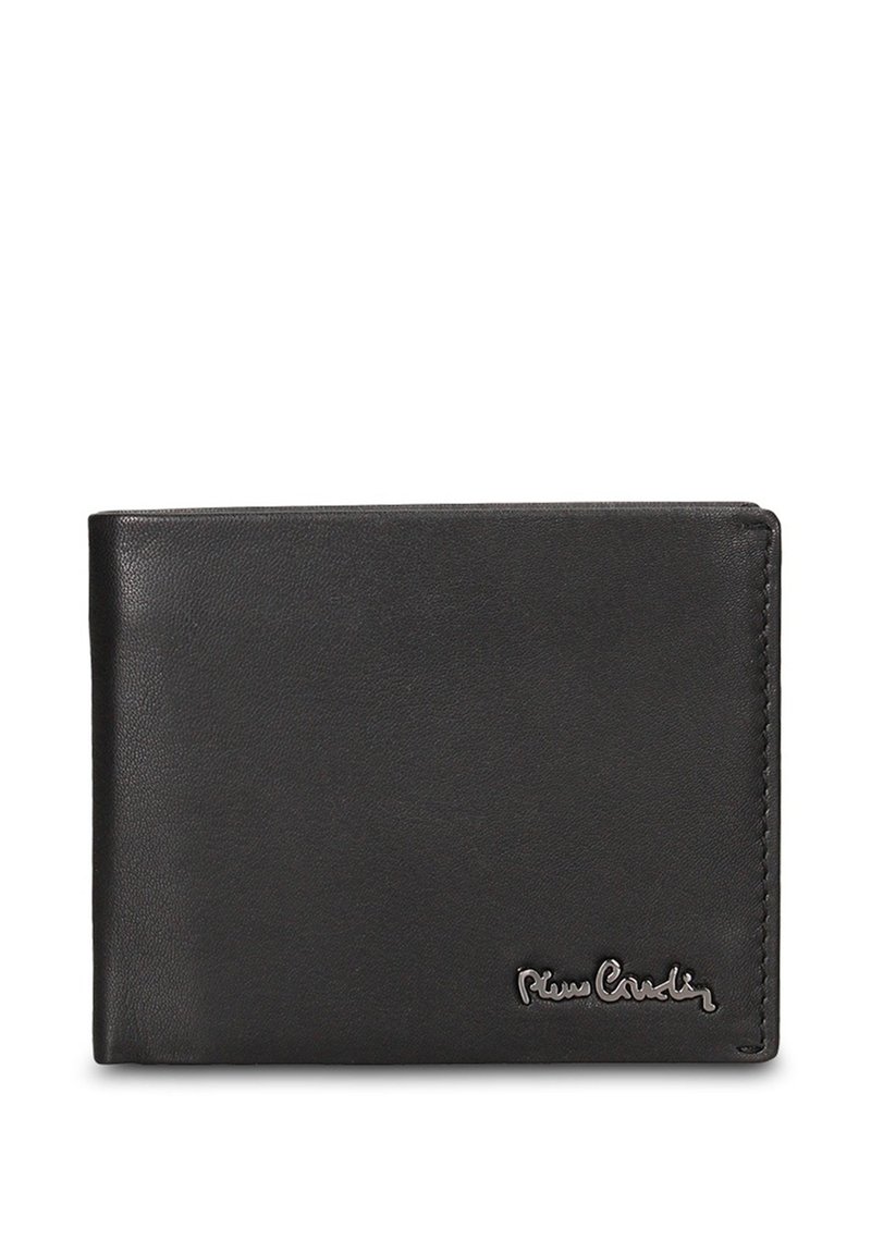 Portafoglio nero in pelle con texture liscia, design a doppia piega e bordi cuciti. Presenta un logo argentato nell'angolo in basso a destra.