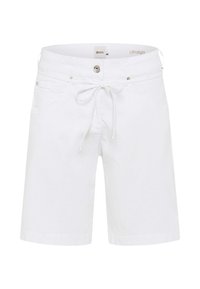 Witte shorts gemaakt van lichtgewicht stof, met een tailleband met trekkoord, twee voorkezen en een gladde textuur.