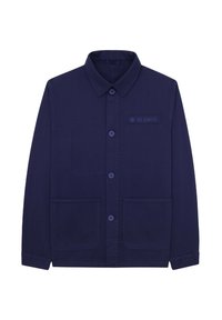 Veste bleu marine avec un col, fermeture à boutons sur le devant, deux grandes poches, et une étiquette "BLANCO" sur la poitrine gauche. Texture du tissu lisse.