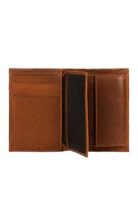 Brown leather wallet with multiple card slots, a bifold design, textured surface, and a separate section featuring a black mesh interior.