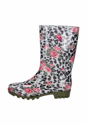 Transparenter Gummiregenstiefel mit floraler Rosen- und Leopardenmusterung, grüner Profilsohle und halber Wadenhöhe.