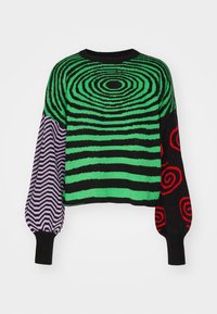 Pull en tricot avec des motifs en spirale verts et noirs, une manche en rayures violettes et noires avec des accents en spirale rouges. Design à manches bouffantes.