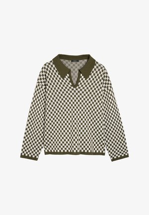 Knit sweater with a checkered pattern in olive green and cream, featuring a prominent collar, V-neck, and long sleeves.
