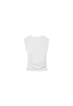 White short-sleeve top with a round neckline. Features gathered texture along the sides and a fitted silhouette, made from soft, stretchy material.