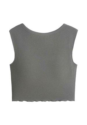 Bezrukávový sivý rebrovaný crop top s zaobleným výstrihom a mierne vlnitým lemom na bielom pozadí.