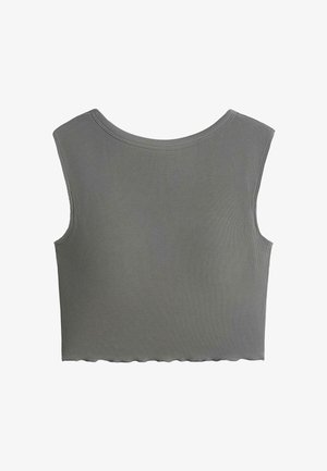 Bezrukávový sivý rebrovaný crop top s zaobleným výstrihom a mierne vlnitým lemom na bielom pozadí.