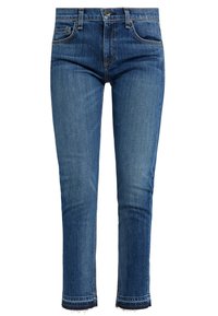 Vaqueros de mezclilla azul con un corte ajustado, que presentan un diseño desgastado, dobladillo deshilachado y el clásico estilo de cinco bolsillos. Cierre con botón de metal y cremallera.