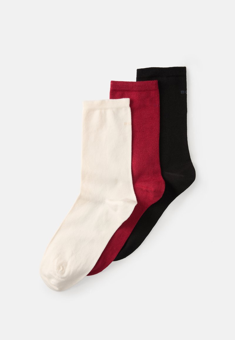 Three pairs of cotton socks: one cream, one burgundy, one black. Each sock features a smooth texture and a standard crew length design.