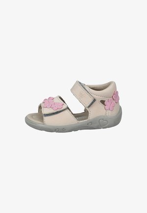 Helle rosa Leder-Sandalette mit grauen Akzenten, Blumenapplikationen am Riemen, offener Zehenbereich und einer Gummisohle mit Herzmustern.