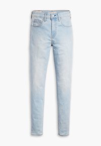 Jean slim bleu clair avec cinq poches, braguette zippée et fermeture par bouton, présenté à plat sur un fond blanc.