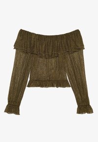 Oliven grønn av- skuldre bluse med lange ermer, volang på halsen og mansjettene, lett transparent stoff og utsuget kant.