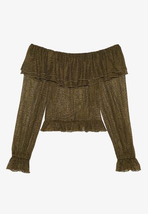 Oliven grønn av- skuldre bluse med lange ermer, volang på halsen og mansjettene, lett transparent stoff og utsuget kant.