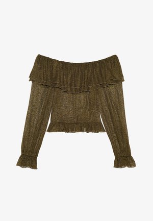 Blusa verde oliva sem alças com mangas longas, decote e punhos franzidos, tecido leve e transparente, e bainha rodada.