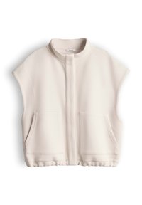 Gilet senza maniche color crema con zip e collo alla coreana, dotato di due tasche frontali, disposto in piano su sfondo bianco.