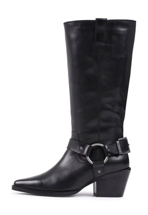 Black leather knee-high boot with a pointed toe, a decorative belt and metal ring detail, and a stacked heel. Smooth texture throughout.