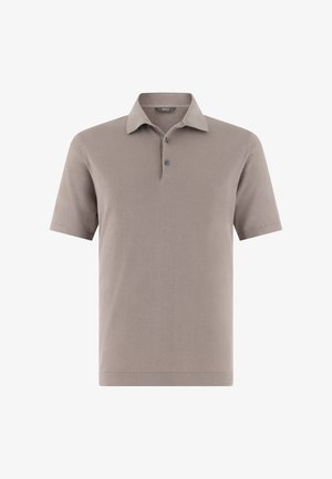 Taupekleurig poloshirt met korte mouwen, twee knopen en een klassieke kraag, gemaakt van lichtgewicht gebreide stof.