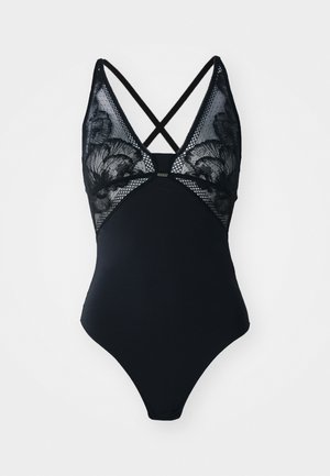 Schwarzer Einteiler-Badeanzug mit einem floralen Spitzenoberteil, Netzpaneelen, V-Ausschnitt und verstellbaren, überkreuzten Trägern auf der Rückseite.