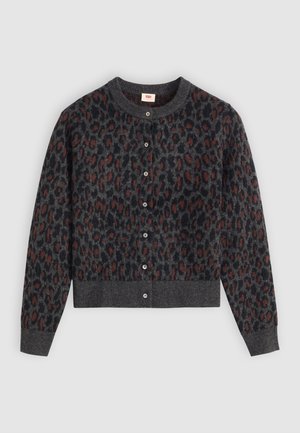 Mørkegrå kardigan med leopardmønster i svart og rust. Den har rund hals og knapper foran, samt ribbestrikkede mansjetter og nederkant.