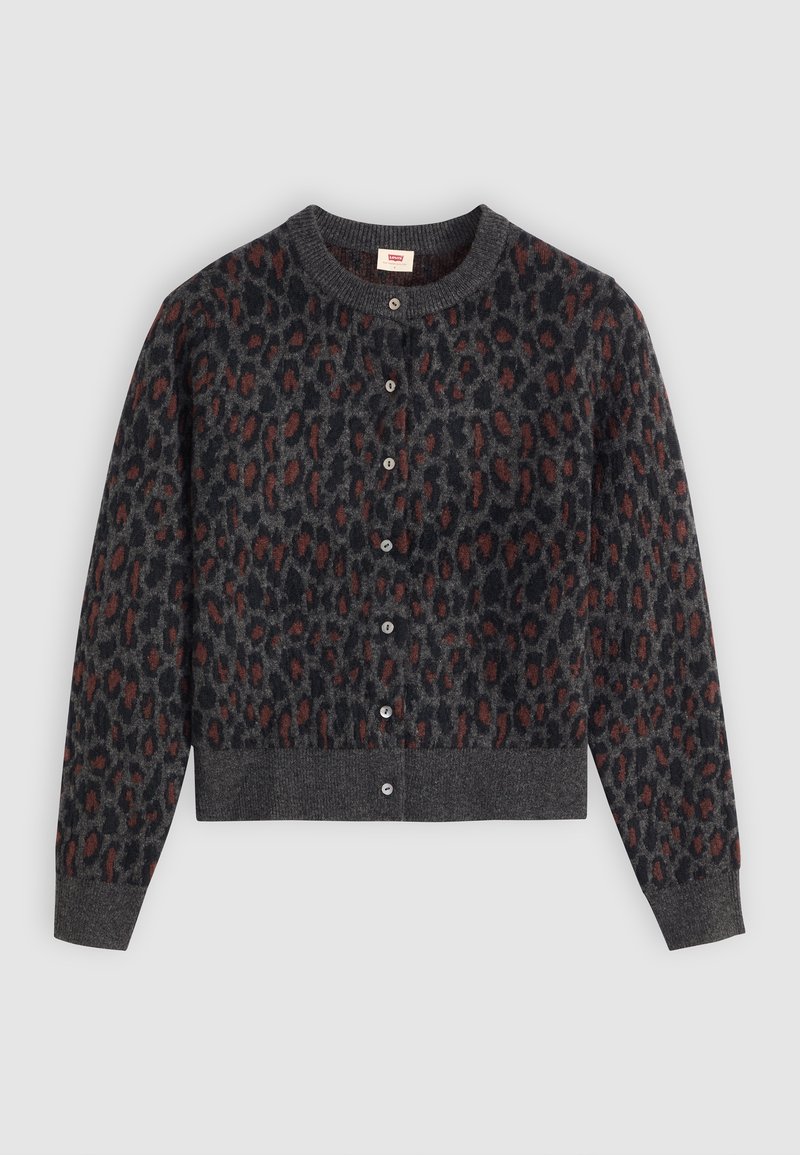 Dunkelgrauer Cardigan mit einem Leopardenmuster in Schwarz und Rost. Er hat einen runden Ausschnitt und Knöpfe an der Vorderseite sowie gerippte Bündchen und Saum.