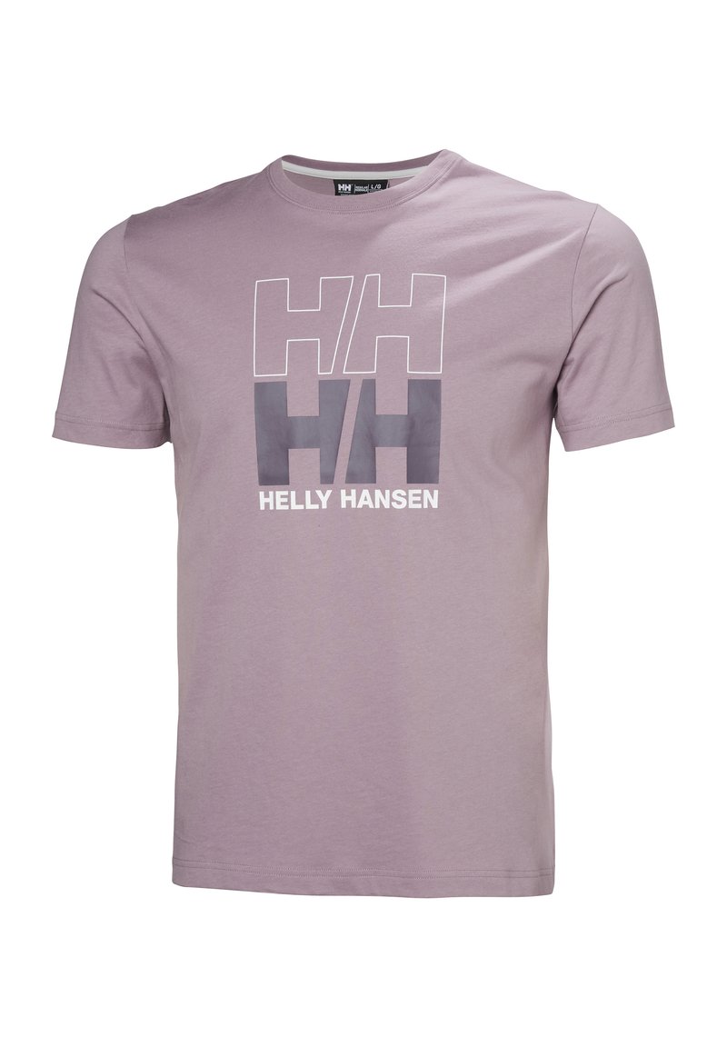 Fialové bavlněné tričko s velkým grafickým designem, na kterém je nápis "HH" a "HELLY HANSEN" v bílé a šedé barvě. Krátké rukávy a kulatý výstřih.
