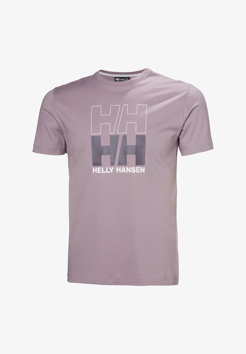 Camiseta de algodón lila con un gran diseño gráfico que muestra "HH" y "HELLY HANSEN" en blanco y gris. Tiene mangas cortas y cuello redondo.