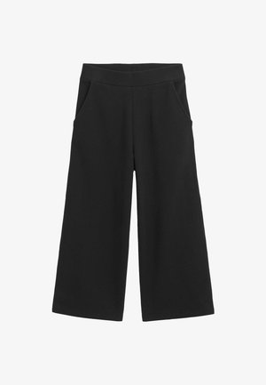 Pantaloni neri a gamba larga con una texture liscia, dotati di una vita alta e due tasche laterali, progettati per una vestibilità rilassata.