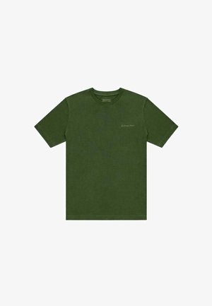 T-shirt a maniche corte color verde scuro con scollo rotondo e logo "Scotch & Soda" sottile sulla parte sinistra del petto, design semplice, stile unisex.
