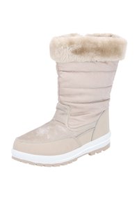 Bota de invierno beige con un eje de tela acolchada y puño de piel sintética. Presenta una caja de dedos suave y una suela de goma blanca con un diseño de tracción texturizado.