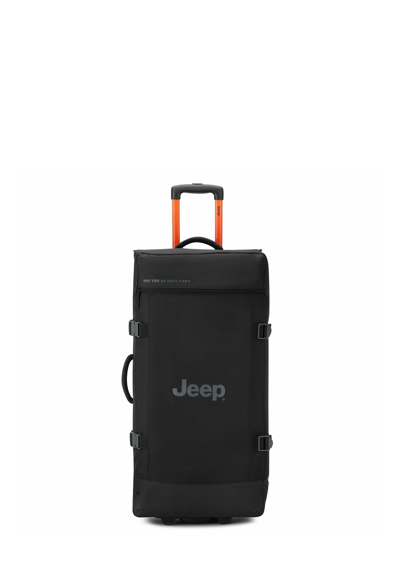 Valigia nera con ruote e manico telescopico arancione, dotata di cinghie esterne, logo Jeep e un design rettangolare semplice. Tessuto testurizzato.