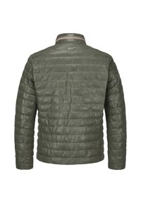 Gepolsterte grüne Jacke mit strukturierter Oberfläche, nahtlosem Rücken und einem Kragen. Horizontales Steppmuster überall.