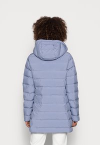 Osoba z kręconymi włosami, ubrana w jasnoniebieską kurtkę puchową z kapturem, widoczna z tyłu, na jednolitym białym tle.