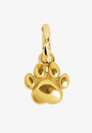 Goldfarbener Pfotenabdruck-Anhänger mit polierter Oberfläche, abgerundeten Pads und einem Clipverschluss für eine einfache Handhabung. Höhe von ungefähr 2 cm.