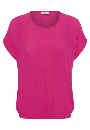Svetloružová krátkym rukávom blúzka s okrúhlym výstrihom a voľným strihom, s malou značkou vo vnútri goliera.