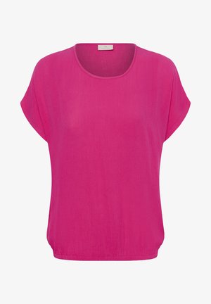 Blusa rosa brillante a maniche corte con scollo rotondo e vestibilità morbida, con una piccola etichetta del marchio all'interno del colletto.