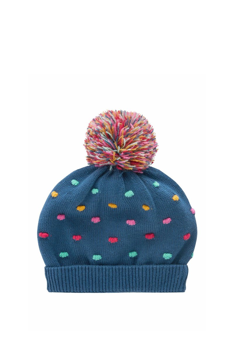 Blau gestrickte Mütze mit mehrfarbigen Pünktchen und einem bunten Pompon oben. Verfügt über einen gerippten Saum für einen sicheren Sitz.
