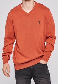 V-ringad, långärmad tröja i rostorange, tillverkad av mjukt stickat material. Har en liten svart logotyp på bröstet och ribbade ärmslut.