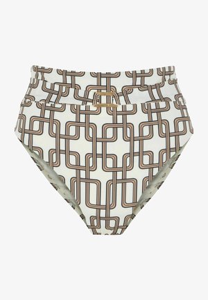 Hochgeschnittene Badehose mit einem geometrischen Linienmuster in Braun und Beige auf einem cremefarbenen Hintergrund. Weicher Stoff mit glatter Textur.