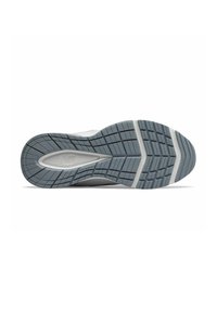 Gray rubber shoe sole featuring a detailed tread pattern, with a smooth midsole in white. Durable construction, designed for traction.