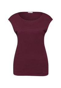 Top sans manches cintré pour femme en bordeaux foncé avec un col rond et de légères manches courtes, étiqueté Street One à l'intérieur du col.
