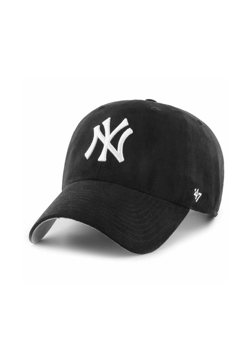 Cappellino da baseball nero in cotone con visiera curva. Presenta un logo dei New York Yankees ricamato in bianco sulla parte anteriore.