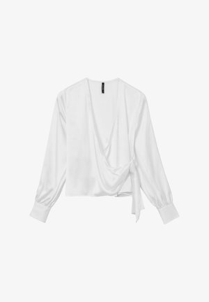 Blusa avvolgente bianca realizzata in tessuto morbido, con maniche lunghe, scollatura a V profonda e dettaglio annodato in vita.