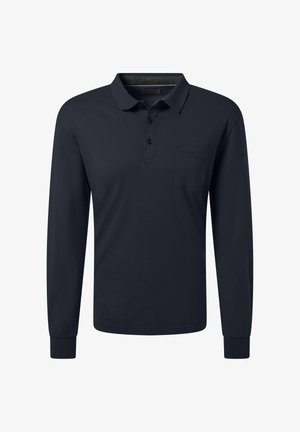 Polo shirt à manches longues bleu marine foncé avec col, patte de boutonnage à trois boutons et poche poitrine sur fond blanc.